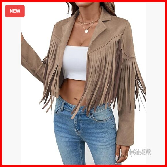 Faux Suede Cropped Jacket with Fringe Tassels Lined Western Style Coat